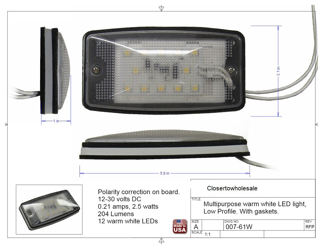 (1) 5.8"L x 3.1"W White 9 LED Wet / Dry Light Camper Trailer Utility Porch Light