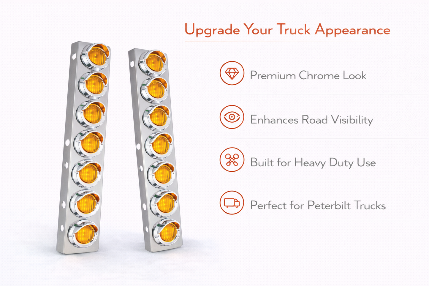 Peterbilt Front Air Cleaner Kit w/16 2" Round Amber LED Lights & Visor Bezels