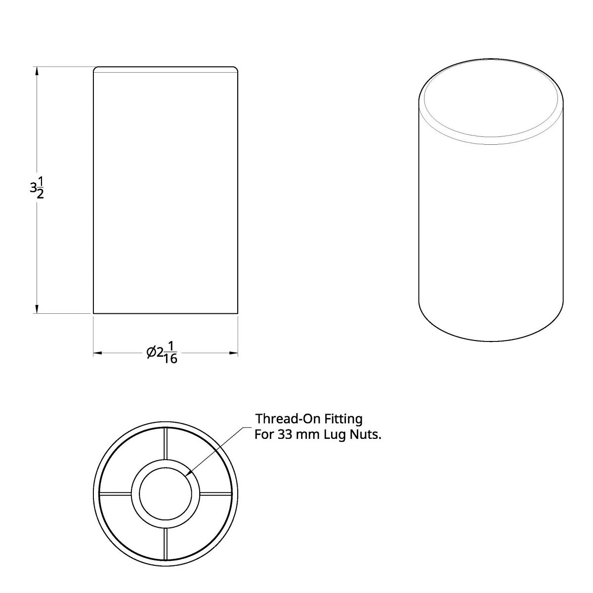 33mm x 3-1/2" Chrome Plastic Cylinder Nut Cover - Thread-On (20/Pack) Truck Semi