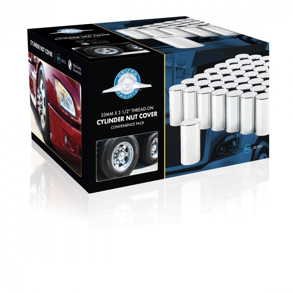 33mm x 3-1/2" Chrome Plastic Cylinder Nut Cover - Thread-On (60/Pack) Truck Semi