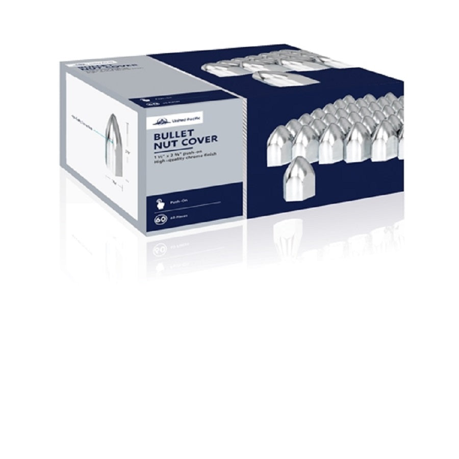 (60/CBOX) 1-1/2” X 2-3/4” CHROME PLASTIC BULLET NUT COVER PUSH ON TRUCK SEMI