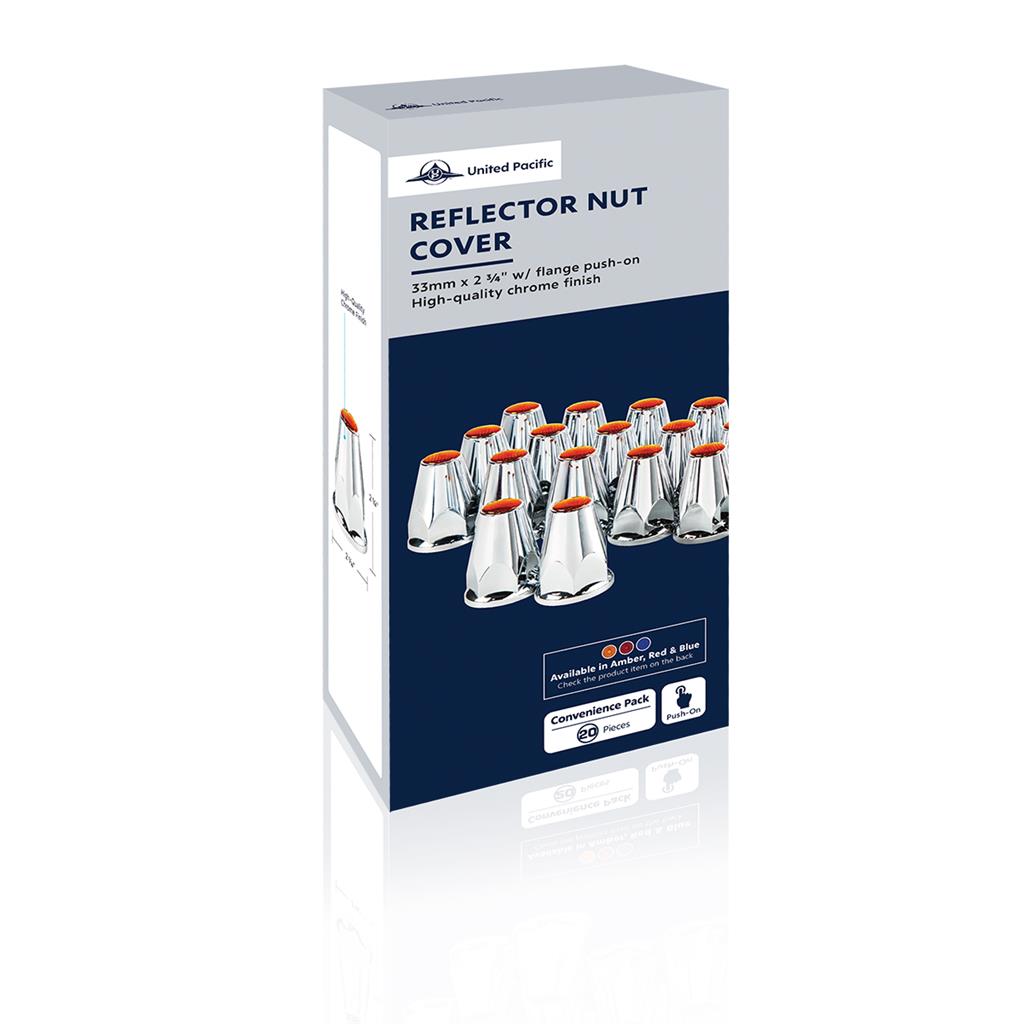 33mm X 2-3/4" Chrome Plastic Nut Covers W/Flange Push On Amber Reflector