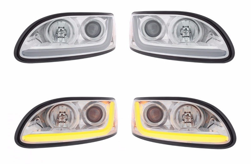 Pair Chrome Projection Headlights w/ Dual Function LED Light Bar for Peterbilt
