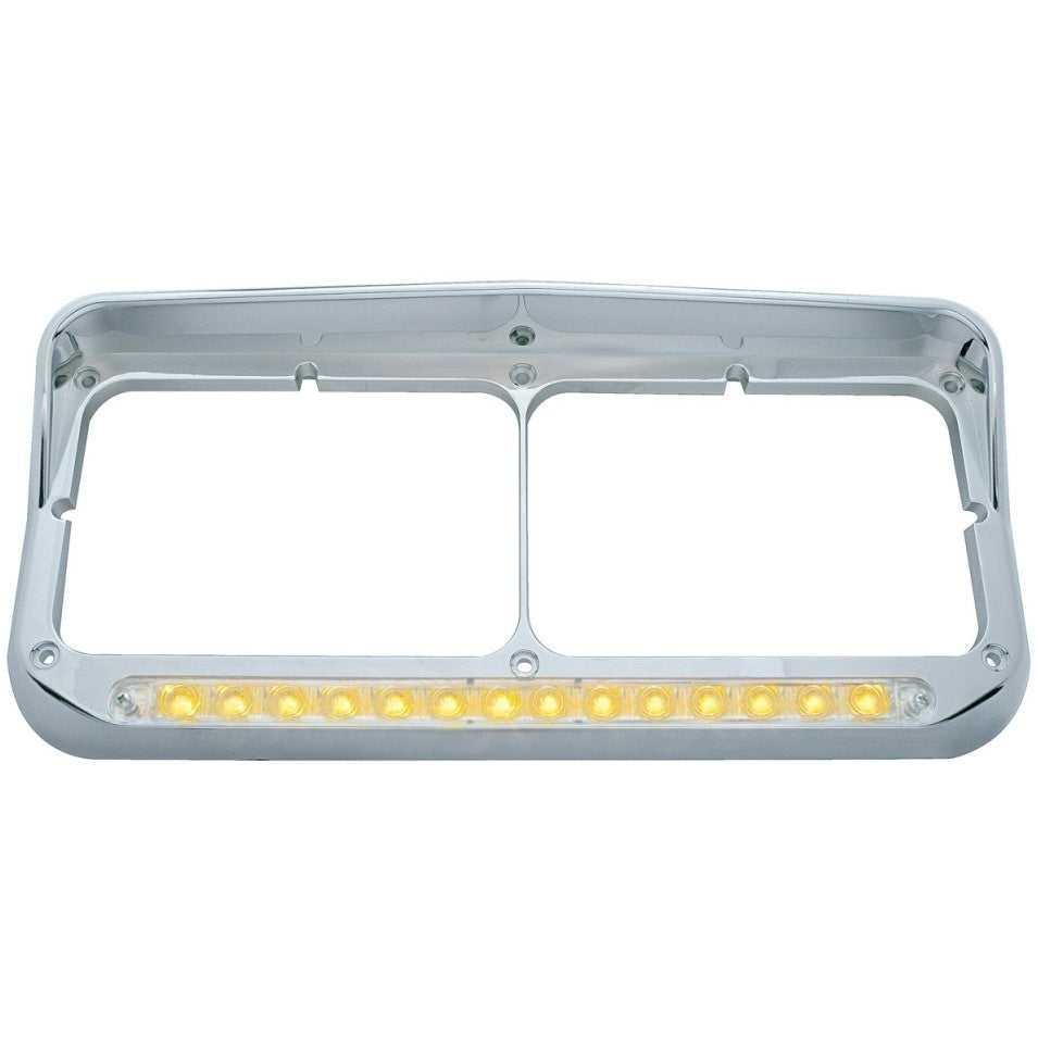 (2) Chrome Rectangle Headlight Bezels W/Visor Amber LED's - Clear Lens