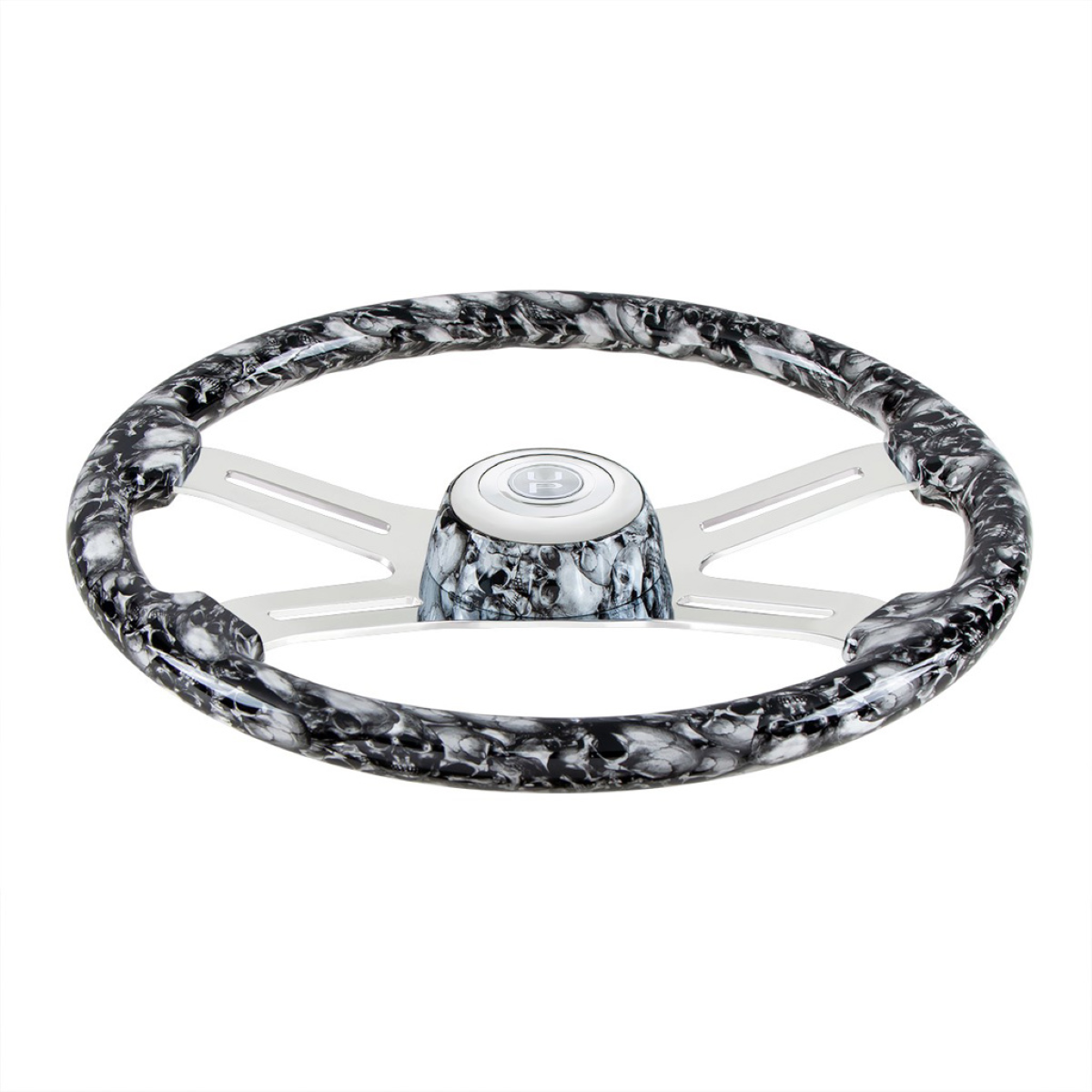 18" 4 Spoke White Skull Steering Wheel with Matching Skull Horn Bezel