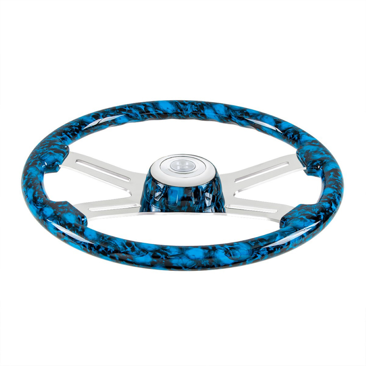 18" 4 Spoke Blue Skull Steering Wheel with Matching Skull Horn Bezel