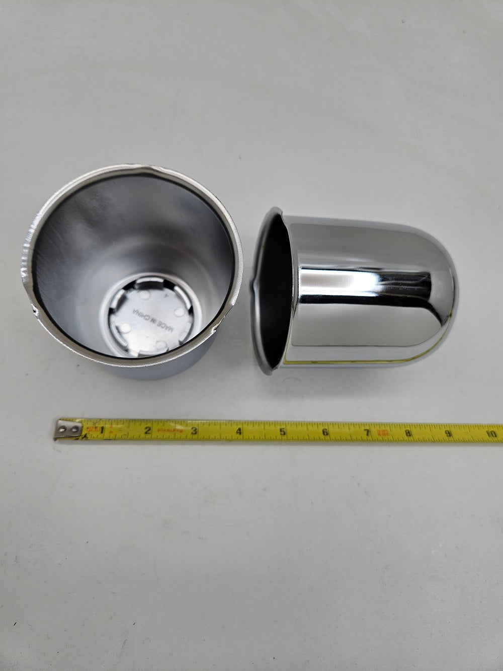 2- Chrome Metal Trailer Wheel Center Hub Cap Covers / 3.18 Bore / Black End Caps