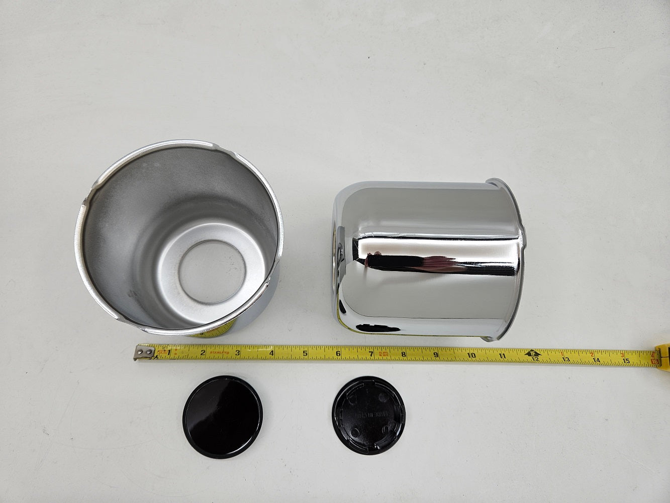 2- Chrome Metal Trailer Wheel Center Hub Cap Covers / 4.25 Bore / Black Caps