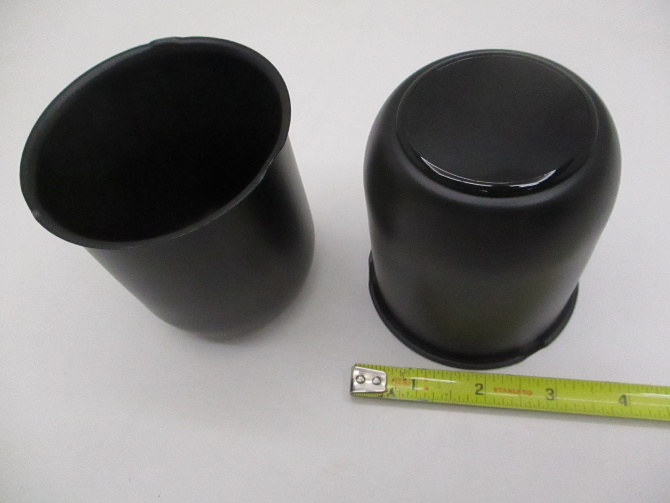 2- Black Metal Trailer Wheel Center Hub Cap Covers / 3.18 Bore / Plastic End Cap