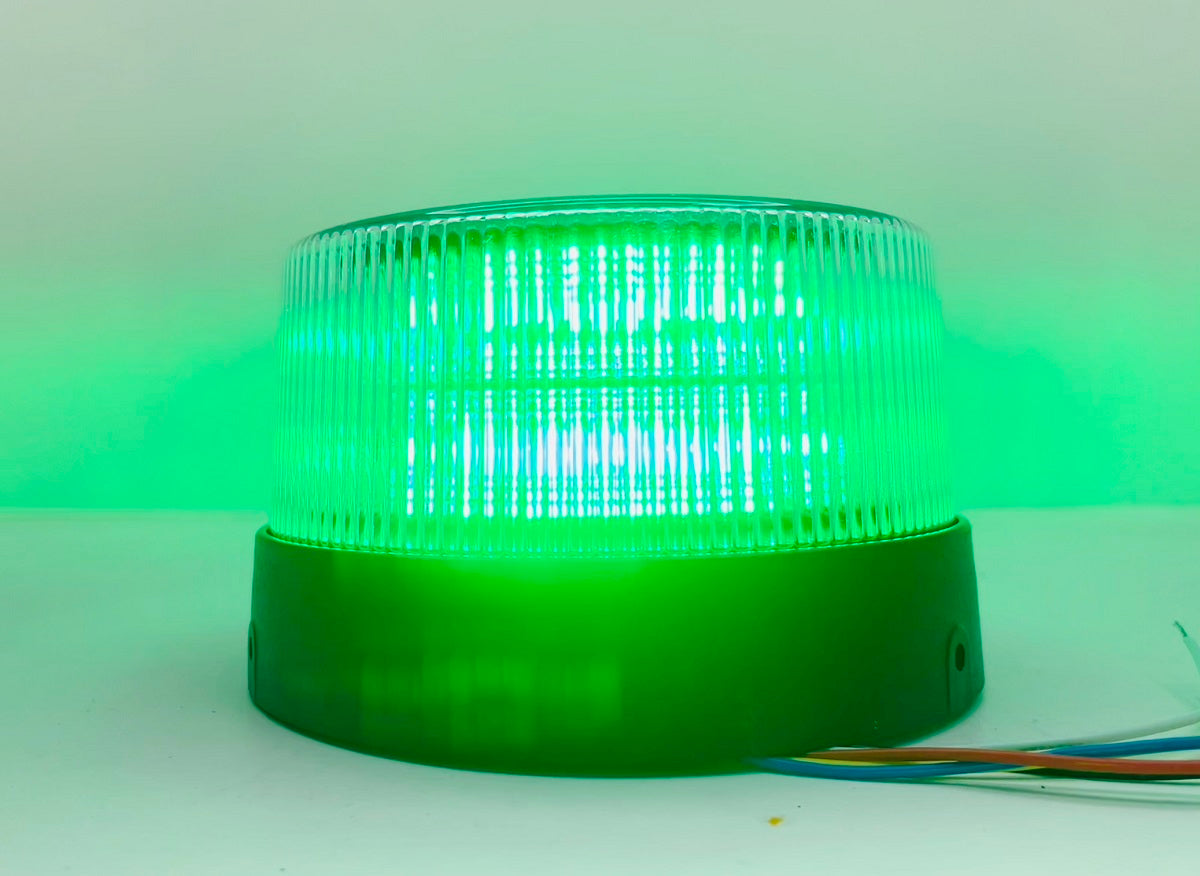 Green Color Beacon Clear Lens LED Strobe Light, Multi-Flash Pattern w/ Pigtail