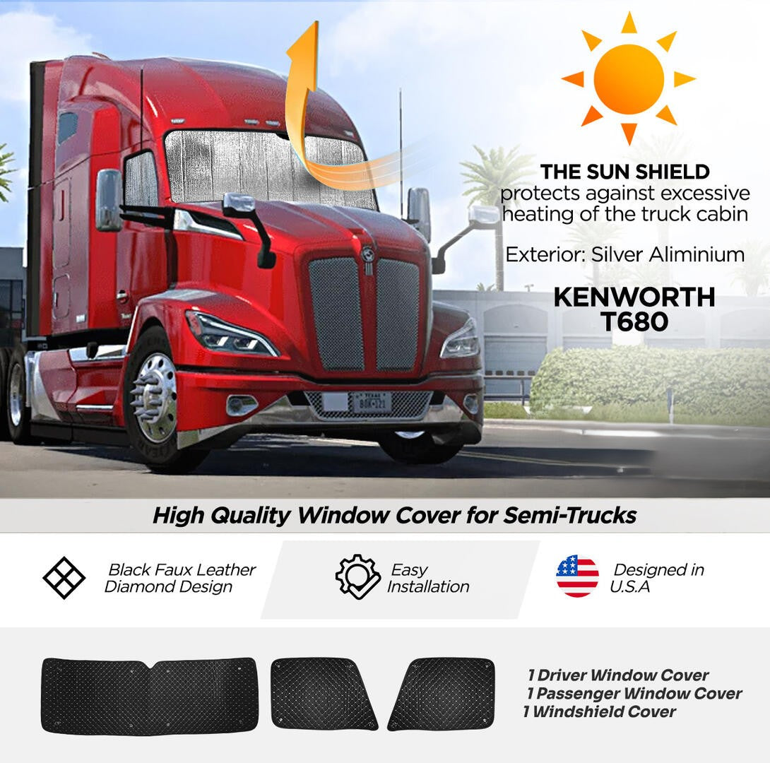 Heavy Duty Windshield Sunshade Kit Compatible With Kenworth T680 2014 - Present