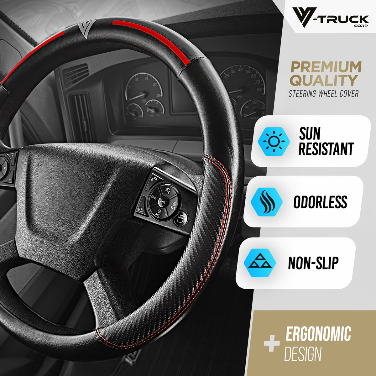 18" Truck Semi Steering Wheel Cover / Black Faux Leather / Slight Red Accents
