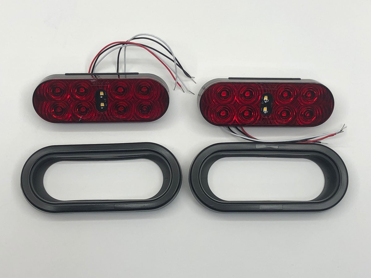 One Pair of 6" Oval 8 Red LED Stop/Turn Taillights with 2 LED White Reverse