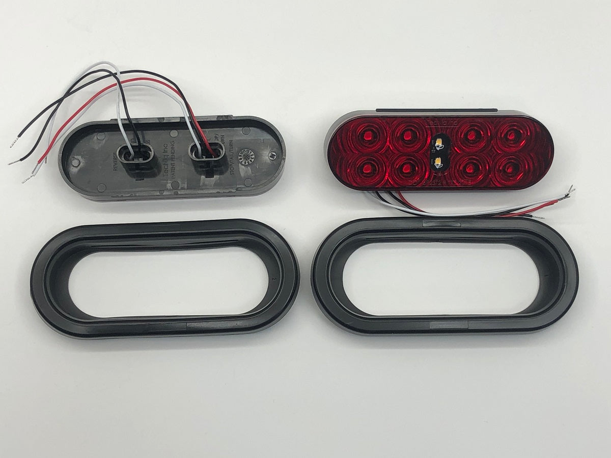 One Pair of 6" Oval 8 Red LED Stop/Turn Taillights with 2 LED White Reverse