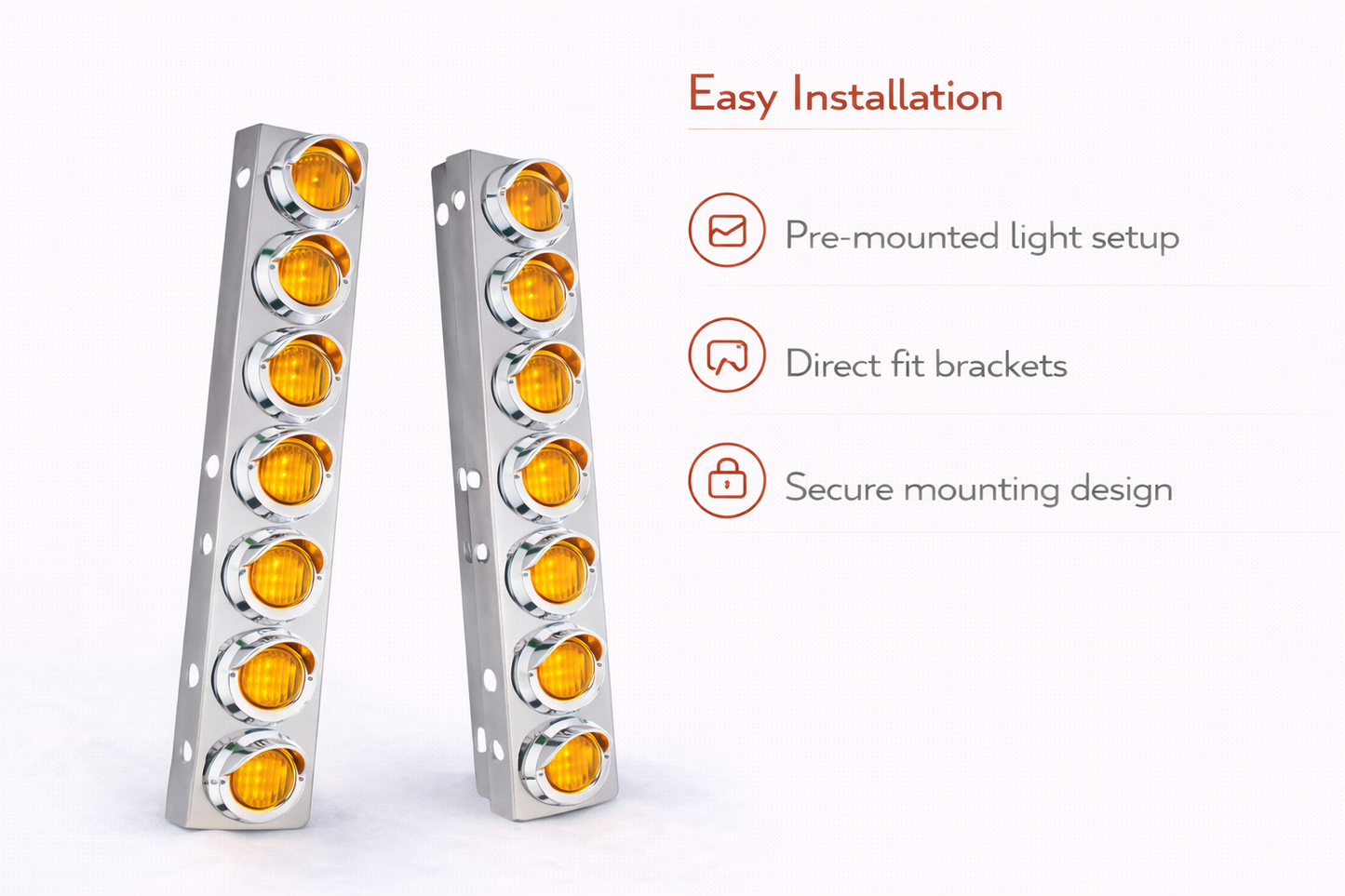 Peterbilt Front Air Cleaner Kit w/16 2" Round Amber LED Lights & Visor Bezels
