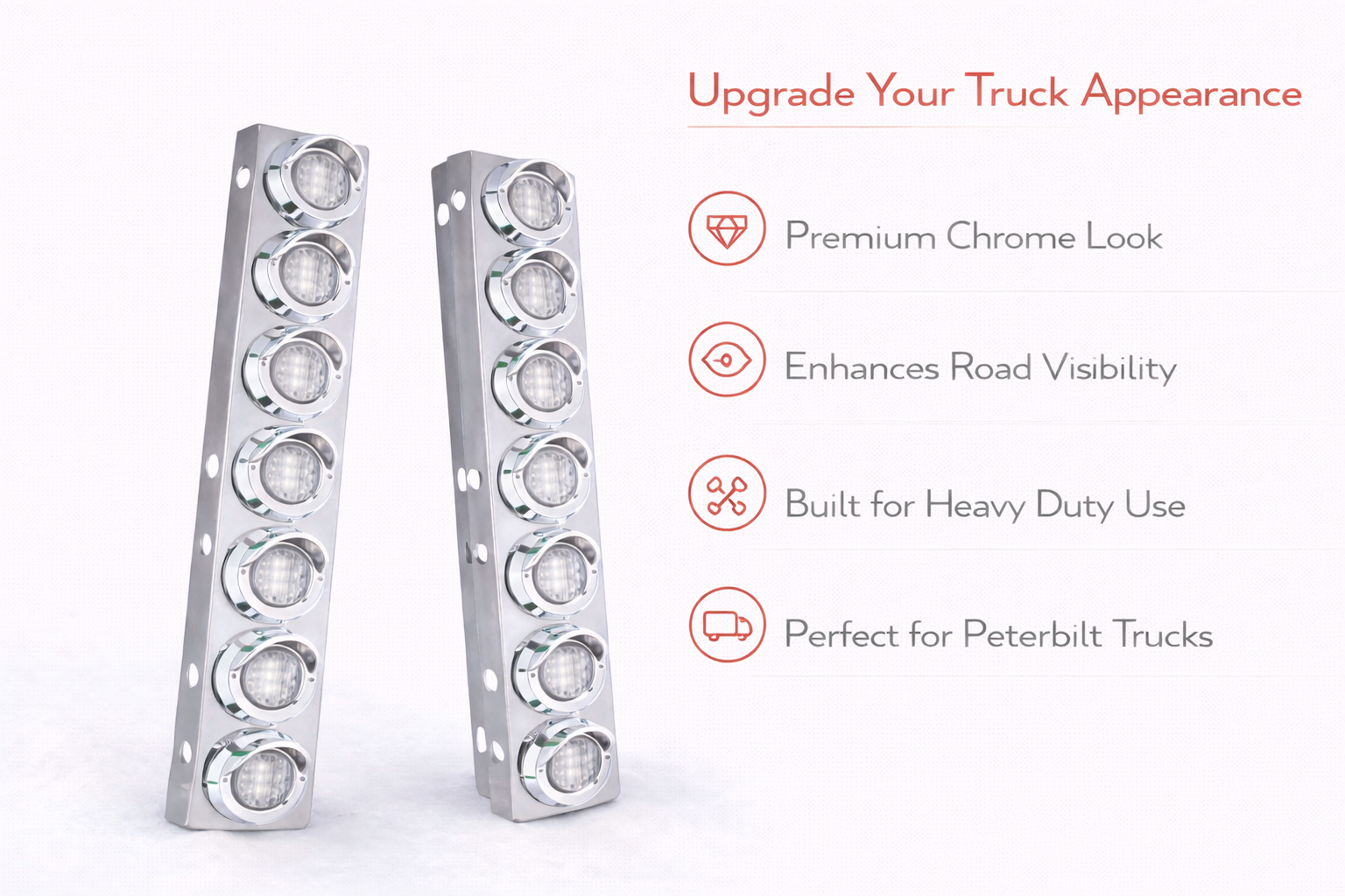 Peterbilt Front Air Cleaner Kit w/16 2" Round Amber LED Lights & Visor Bezels
