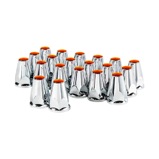 33mm X 2-3/4" Chrome Plastic Nut Covers W/Flange Push On Amber Reflector