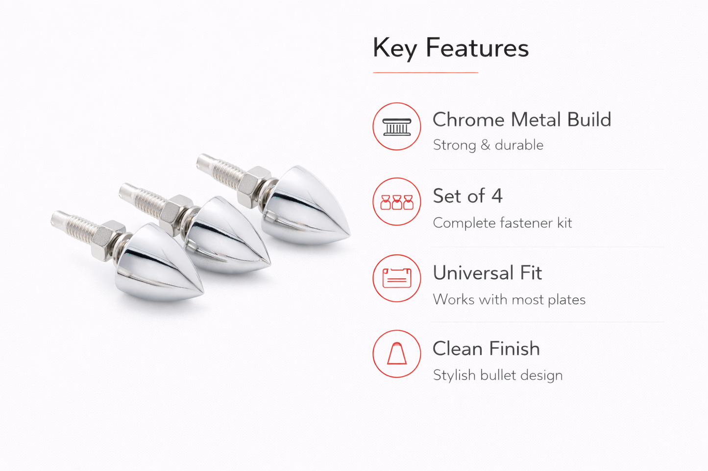 (4) Chrome Metal Bullet License Plate Frame Holder Bracket Nut Fastener Kits