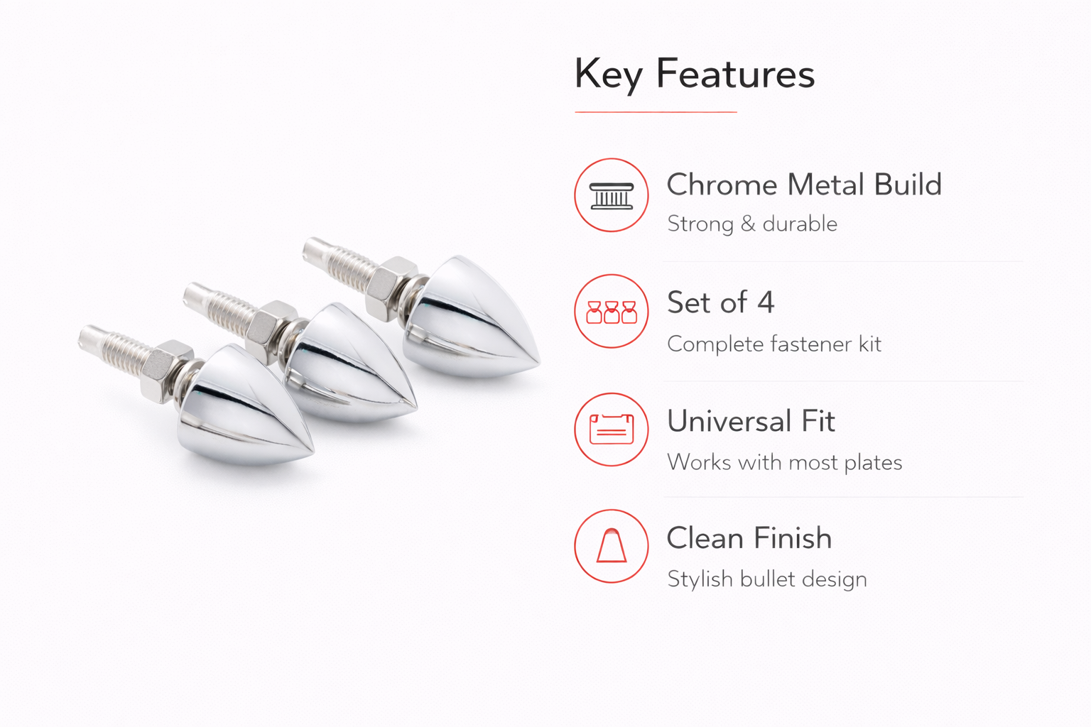 (4) Chrome Metal Bullet License Plate Frame Holder Bracket Nut Fastener Kits