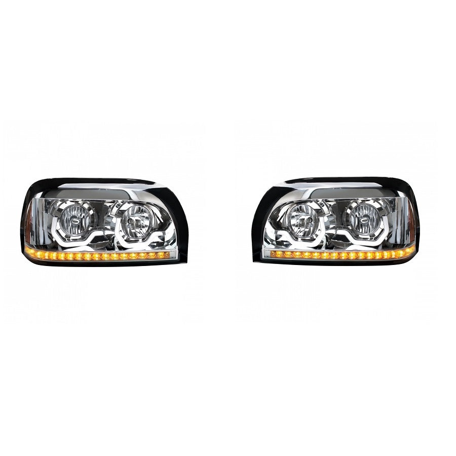 Pair Of LED Headlight Bezels With Turn Signal Lights For Freightliner F120 – Chrome Finish & Amber Lens