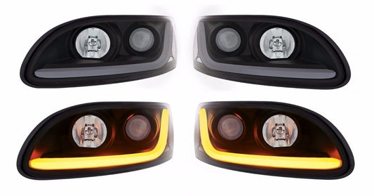 Pair Blackout Projection Headlights w/ Dual Function LED Light Bar for Peterbilt