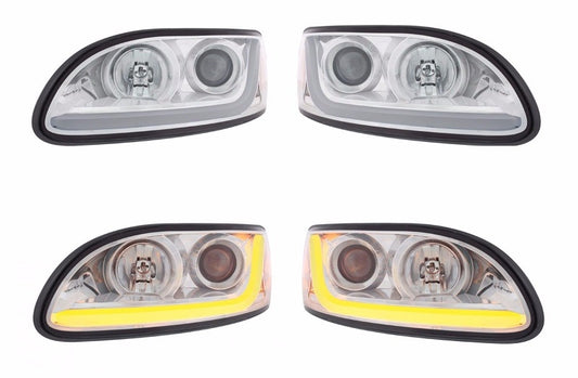 Pair Chrome Projection Headlights w/ Dual Function LED Light Bar for Peterbilt