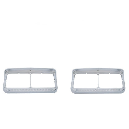 (2) Chrome Rectangle Headlight Bezels W/Visor Amber LED's - Clear Lens
