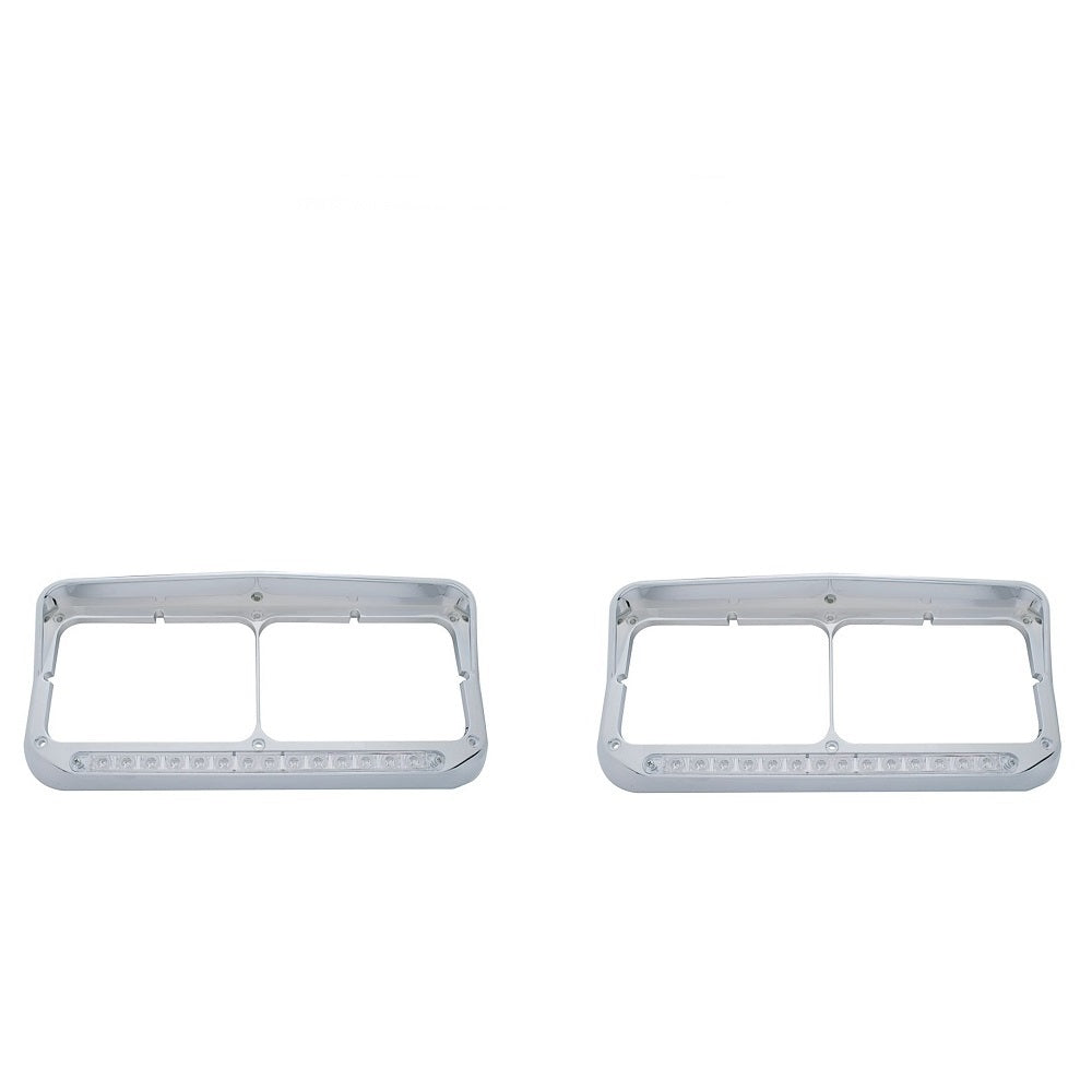 (Set) 14 LED Rectangular Dual Headlight Bezel w/ Visor - White LED/Clear Lens