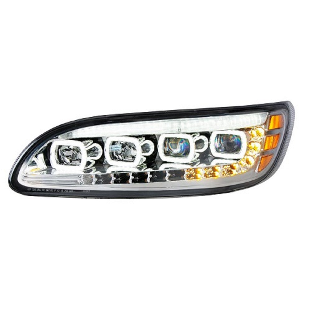Chrome Quad-LED Headlight With LED DRL & Seq. Signal 2005-15 Peterbilt 386 LH RH