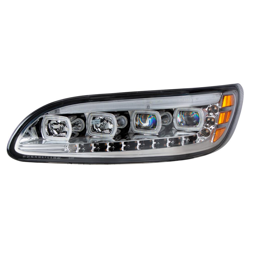 Chrome Quad-LED Headlight With LED DRL & Seq. Signal 2005-15 Peterbilt 386 LH RH
