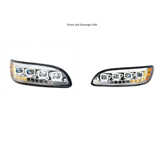 Chrome Quad-LED Headlight With LED DRL & Seq. Signal 2005-15 Peterbilt 386 LH RH