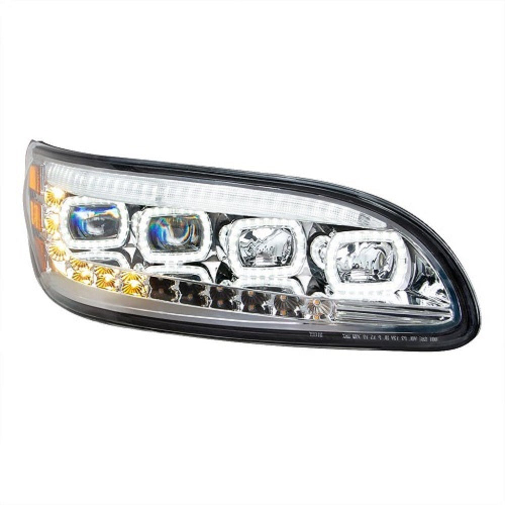 Chrome Quad-LED Headlight With LED DRL & Seq. Signal 2005-15 Peterbilt 386 LH RH