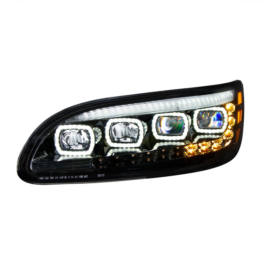 Black Quad-LED Headlight With LED DRL & Seq. Signal 2005-15 Peterbilt 386 LH RH