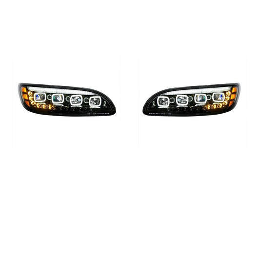 Black Quad-LED Headlight With LED DRL & Seq. Signal 2005-15 Peterbilt 386 LH RH