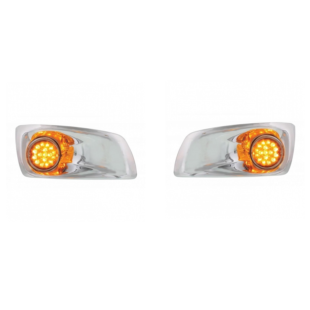 Fits Kenworth T660 Front Bumper Amber LED Auxiliary Lights / Chrome Bezel / Pair