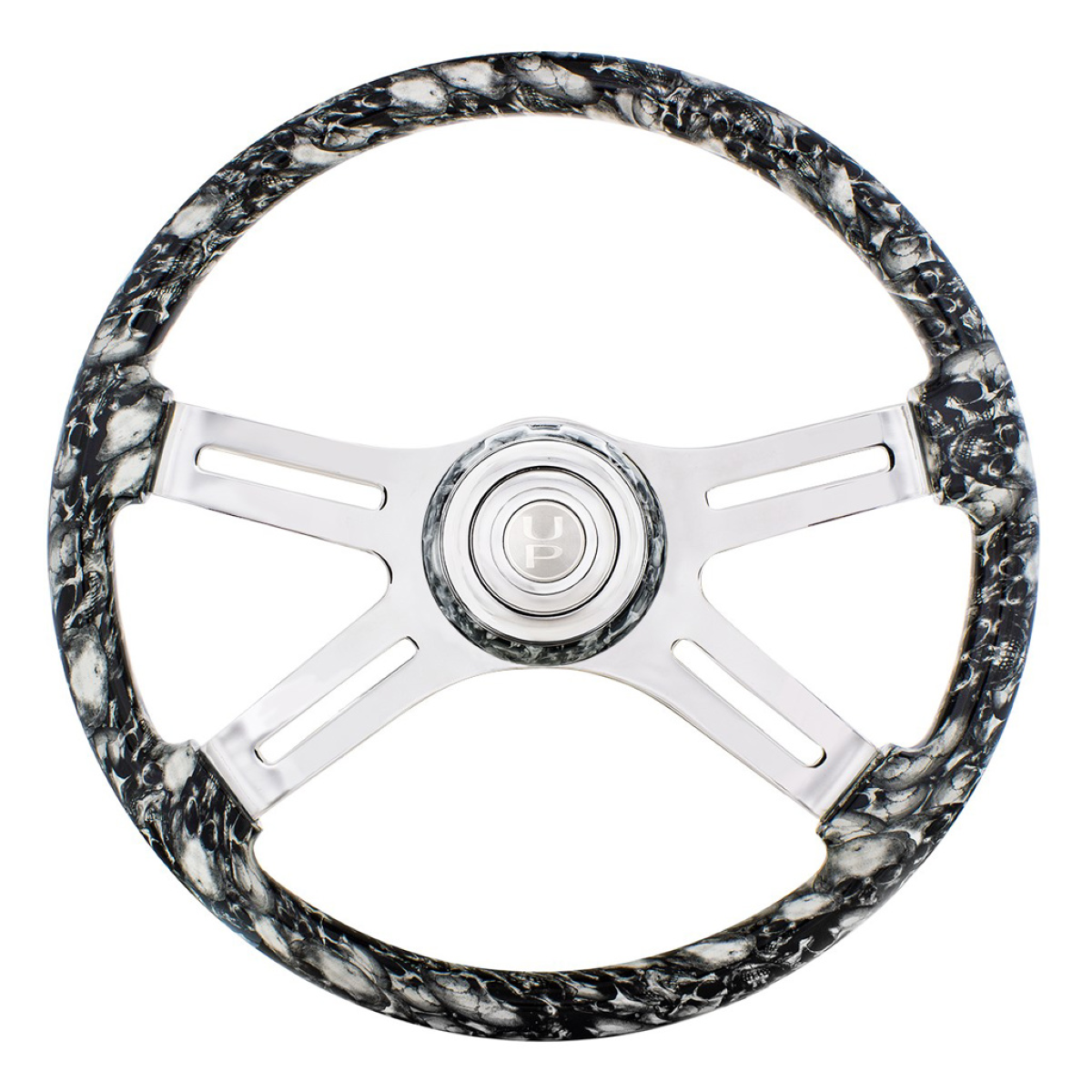 18" 4 Spoke White Skull Steering Wheel with Matching Skull Horn Bezel