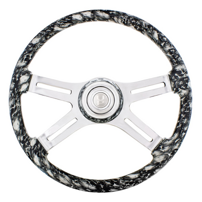 18" 4 Spoke White Skull Steering Wheel with Matching Skull Horn Bezel