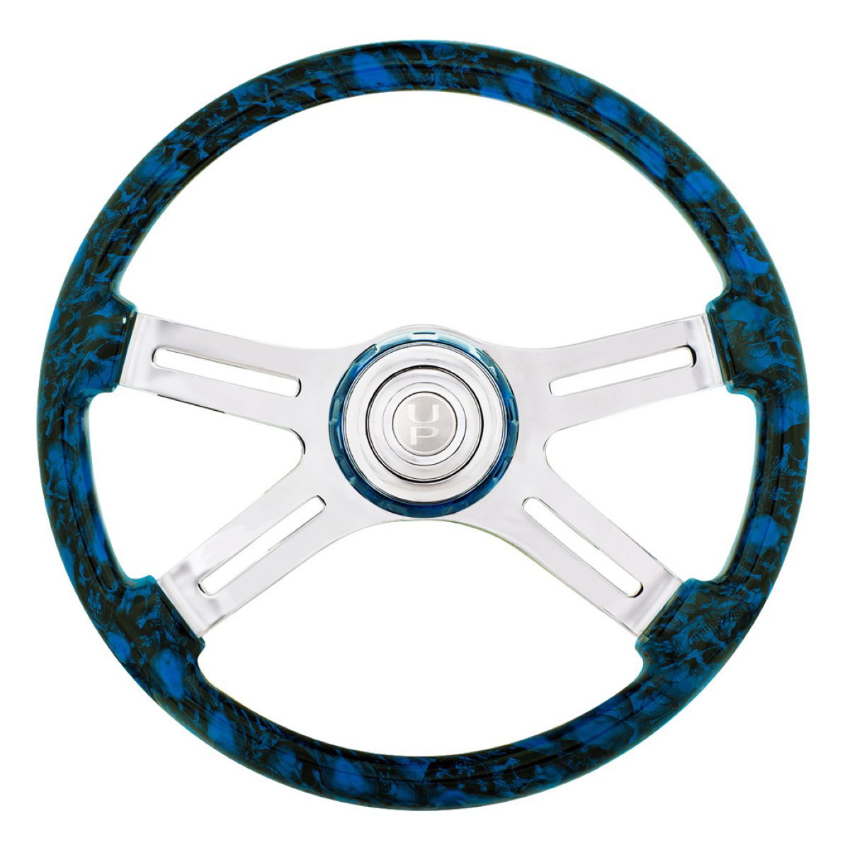 18" 4 Spoke Blue Skull Steering Wheel with Matching Skull Horn Bezel