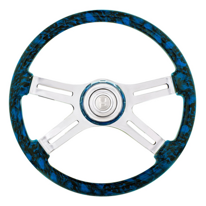 18" 4 Spoke Blue Skull Steering Wheel with Matching Skull Horn Bezel