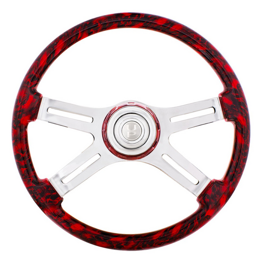18" 4 Spoke Red Skull Steering Wheel with Matching Skull Horn Bezel