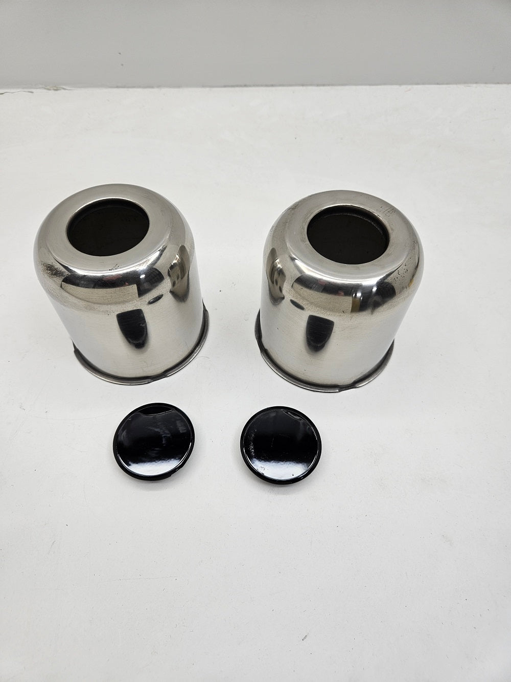 2- Stainless Steel Trailer Wheel Center Hub Cap Covers / 4.25 Bore / Black Cap