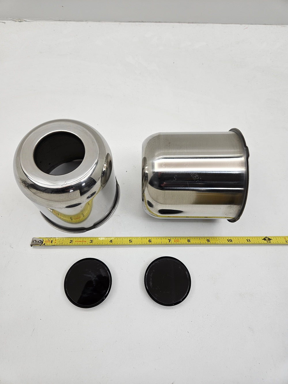 2- Stainless Steel Trailer Wheel Center Hub Cap Covers / 4.25 Bore / Black Cap