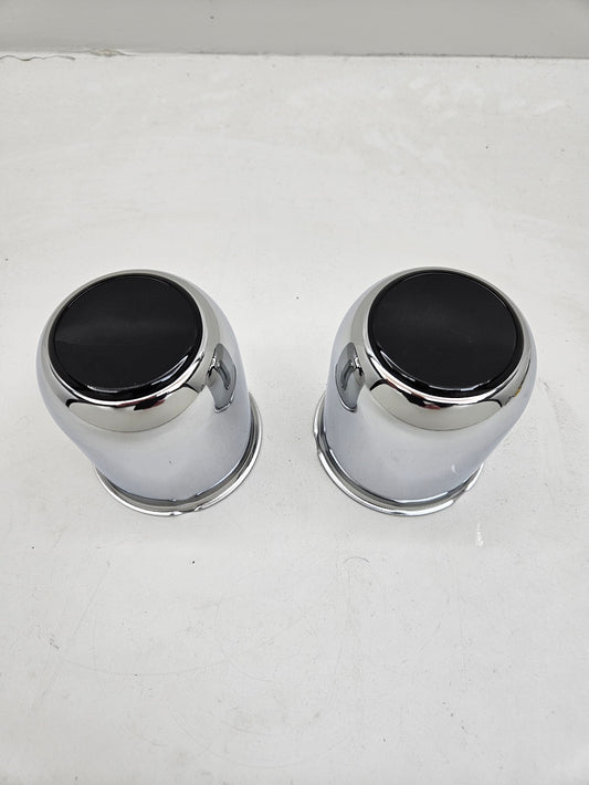2- Chrome Metal Trailer Wheel Center Hub Cap Covers / 3.18 Bore / Black End Caps