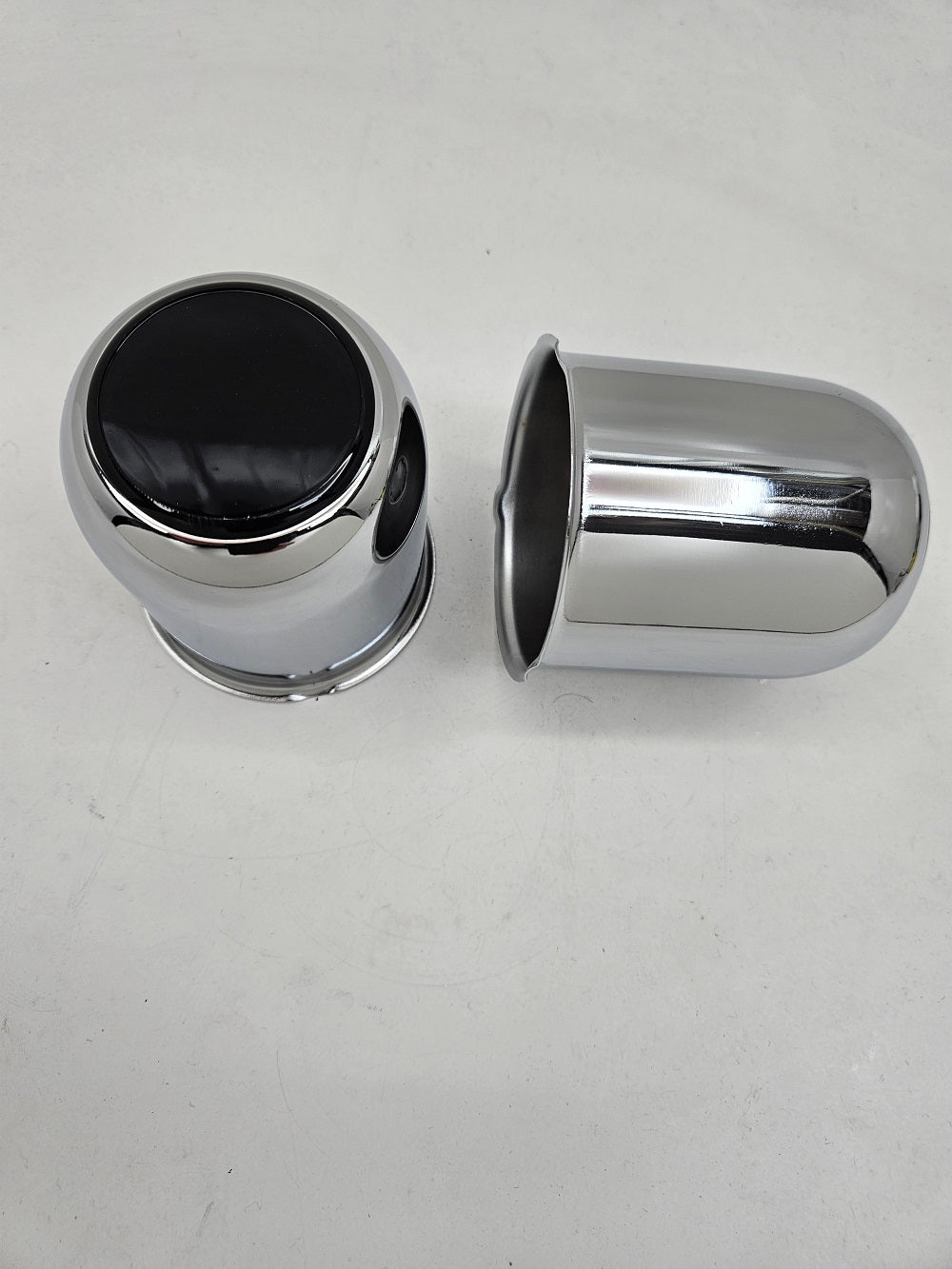 2- Chrome Metal Trailer Wheel Center Hub Cap Covers / 3.18 Bore / Black End Caps
