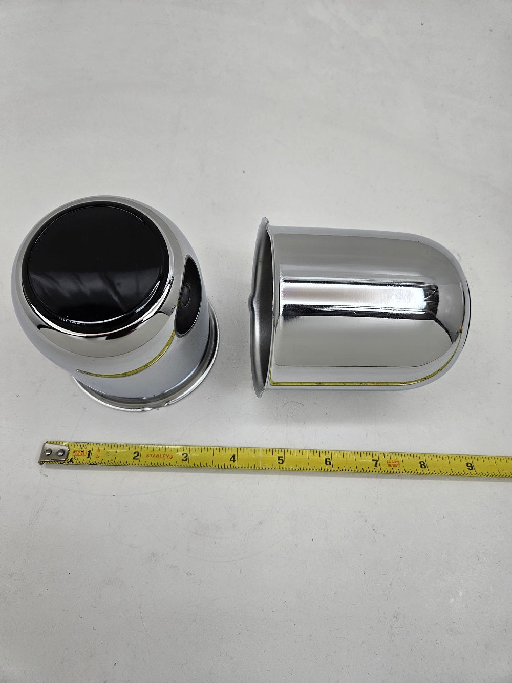 2- Chrome Metal Trailer Wheel Center Hub Cap Covers / 3.18 Bore / Black End Caps