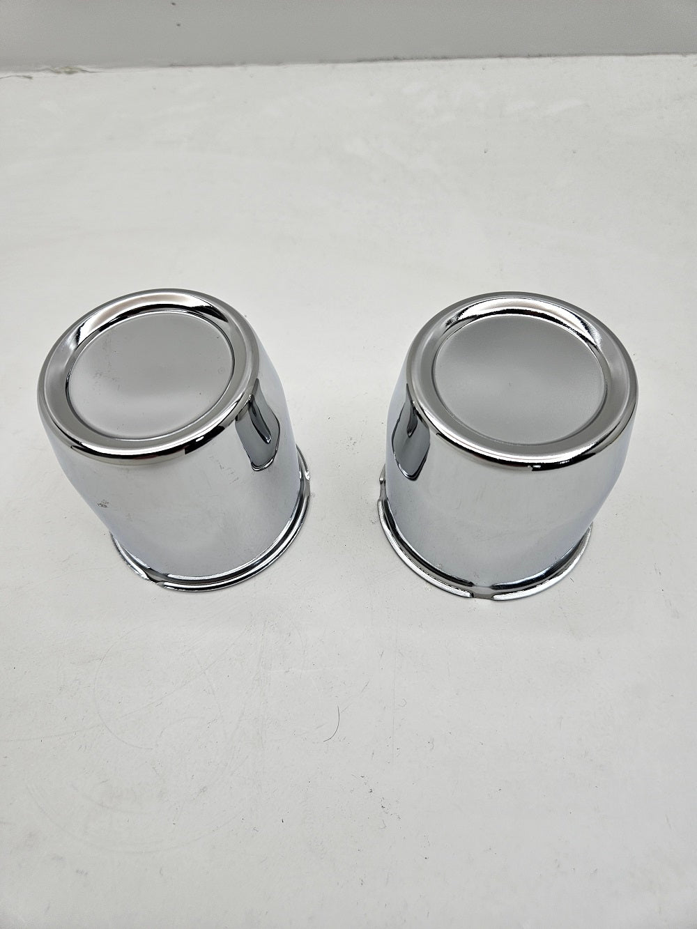 2- Chrome Metal Trailer Wheel Center Hub Cap Covers / 3.19 Bore / Closed End