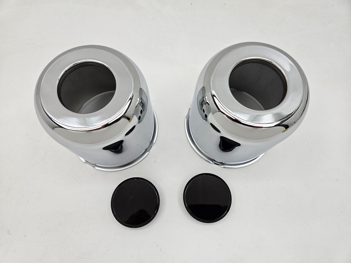 2- Chrome Metal Trailer Wheel Center Hub Cap Covers / 4.25 Bore / Black Caps