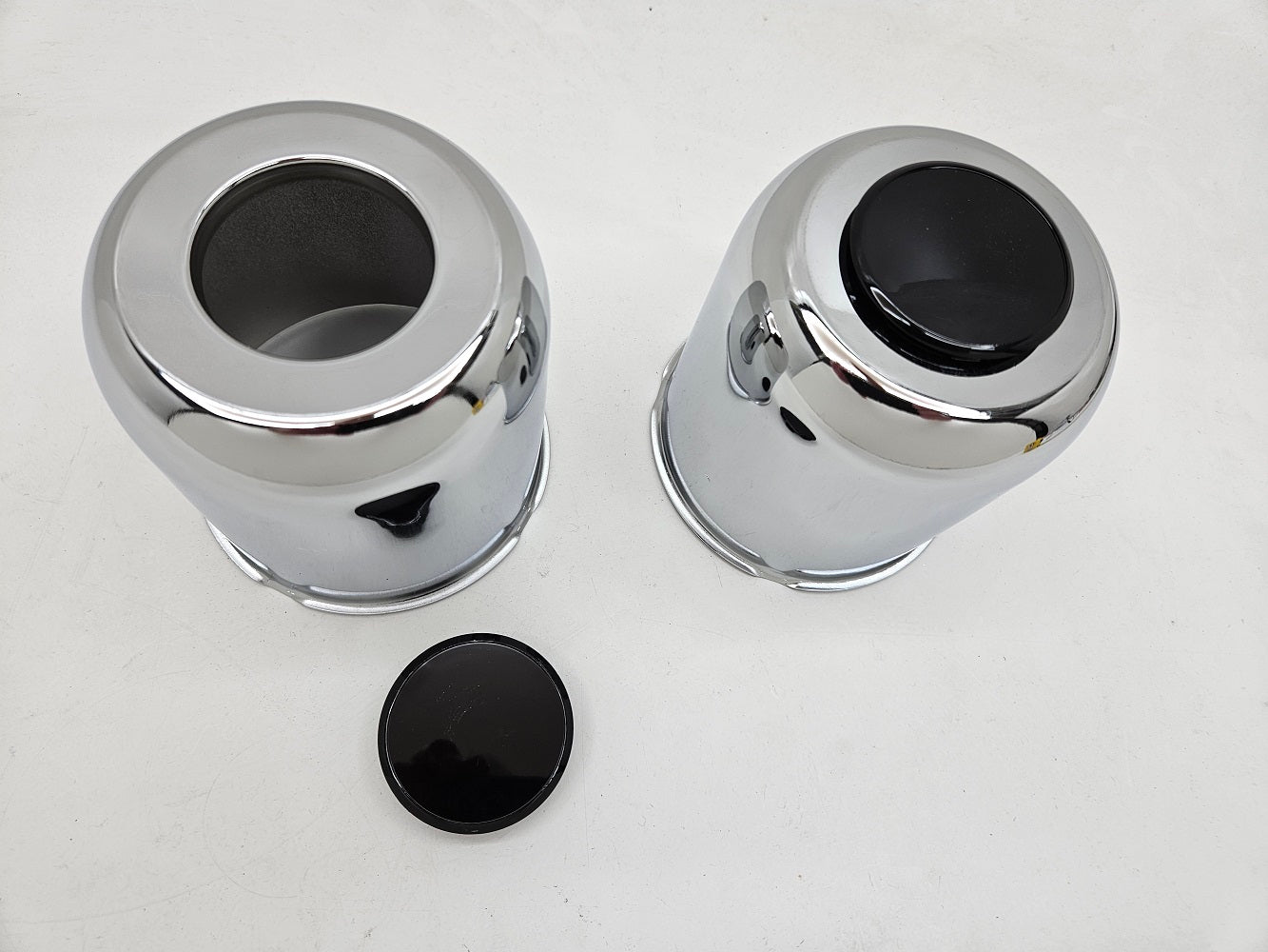 2- Chrome Metal Trailer Wheel Center Hub Cap Covers / 4.25 Bore / Black Caps