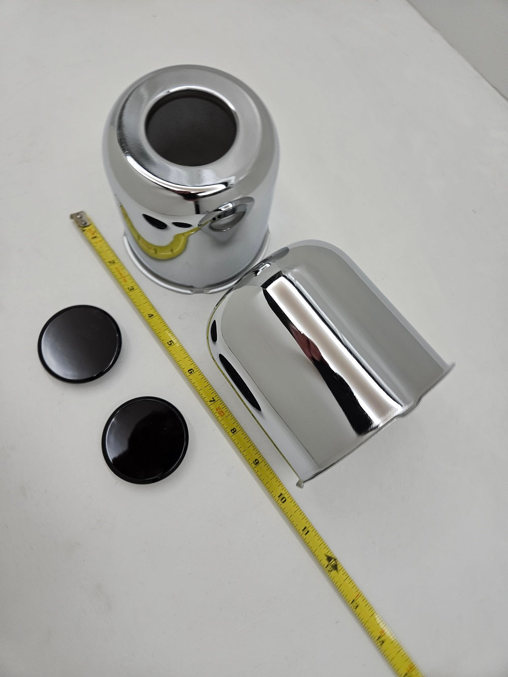 2- Chrome Metal Trailer Wheel Center Hub Cap Covers / 4.25 Bore / Black Caps
