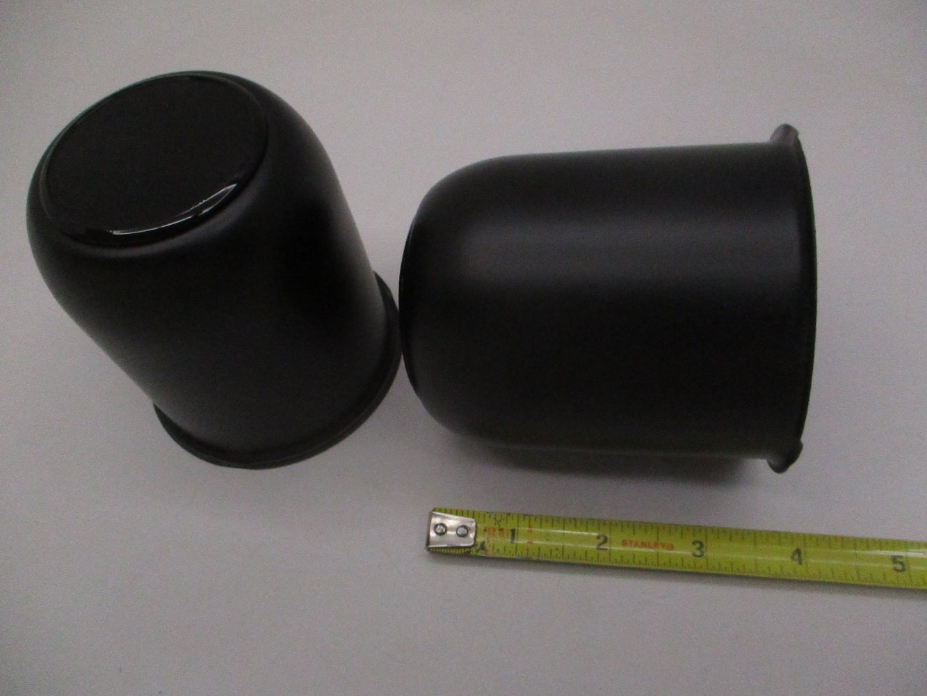 2- Black Metal Trailer Wheel Center Hub Cap Covers / 3.18 Bore / Plastic End Cap